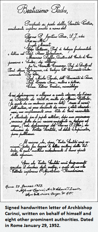 Archbishop Carinci's Signed Valtorta Letter