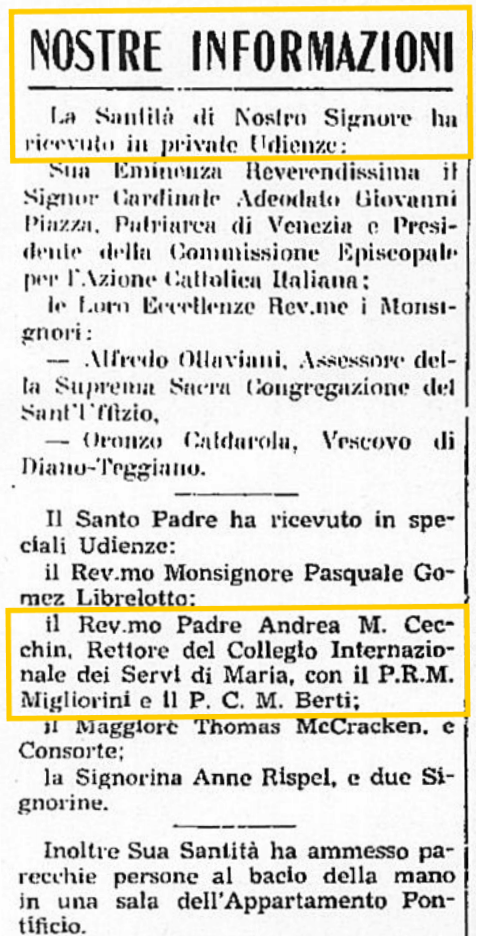 L'Osservatore Romano, February 27, 1948, Pope Pius XII Audience About Maria Valtorta Close-Up