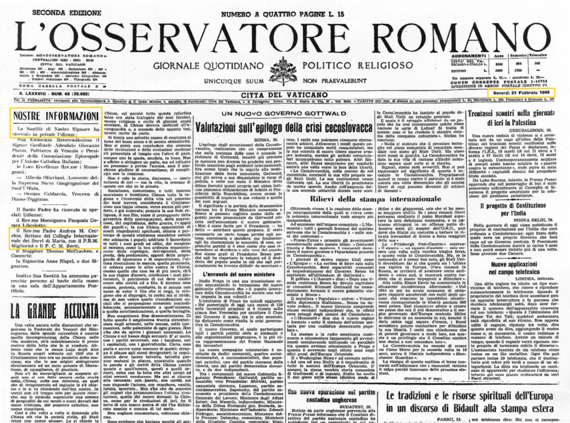 L'Osservatore Romano, February 27, 1948, Pope Pius XII Audience About Maria Valtorta